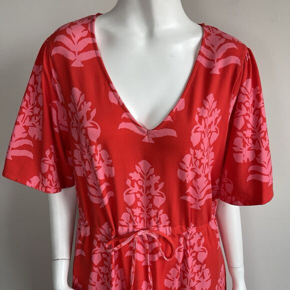 Spartina 449 Blakelynn Midi Dress Drawstring Cotton Knit Red Floral Large Resort - Picture 2 of 16